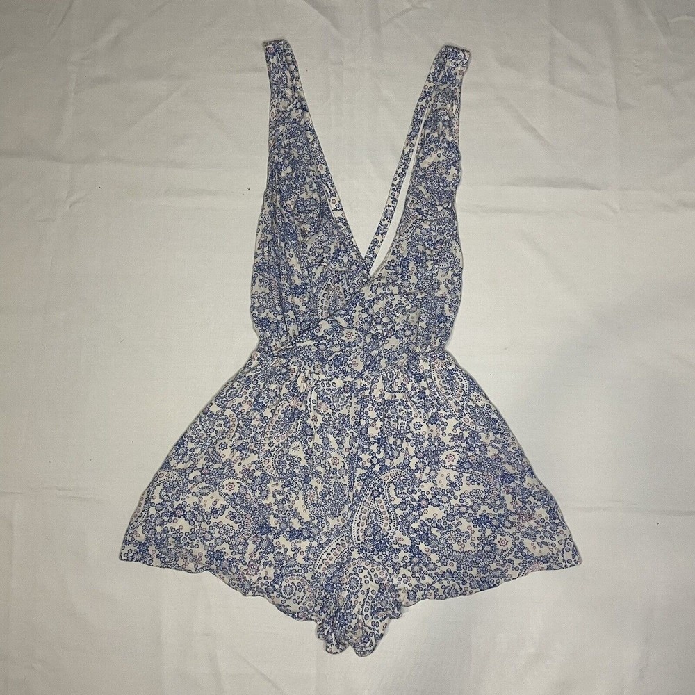 Free People Delfonic Flirty Paisley Romper Size 4 Blue Cross Back Straps Lined - Picture 2 of 12